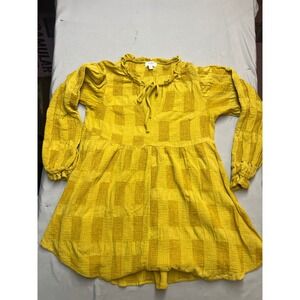 Umgee USA Mustard Yellow Textured Check Tunic Top Long Sleeve Boho A6799 M